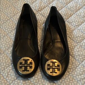 Tory Burch Black Flats with Gold Emblem